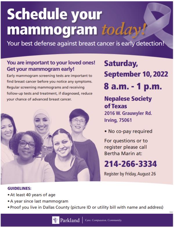 No Cost Mammogram for Irving community on September 10th -Parkland Health